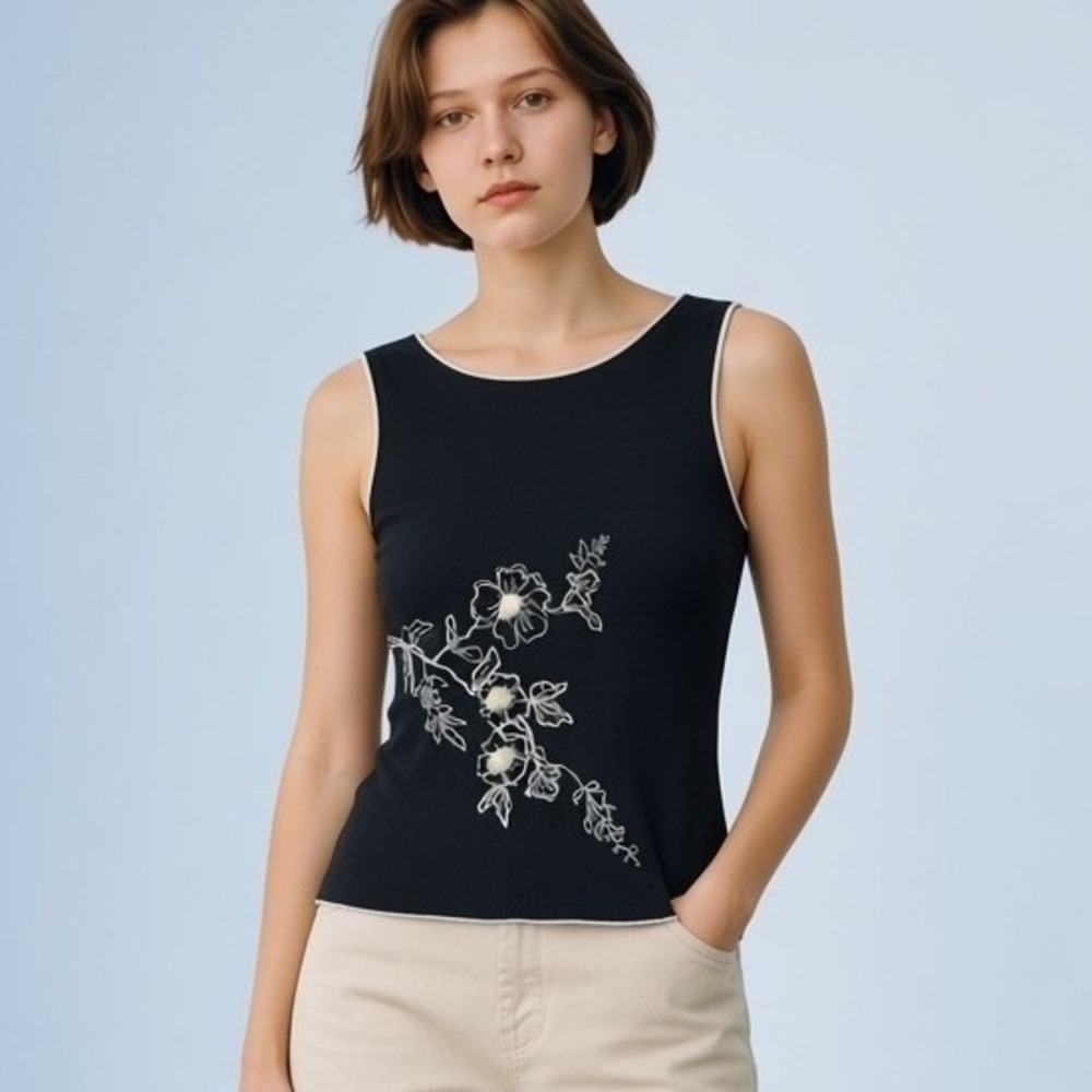 Anna Paul Black Ribbed Tank Top Floral Embroidery Lettuce Trim M Medium Y2K